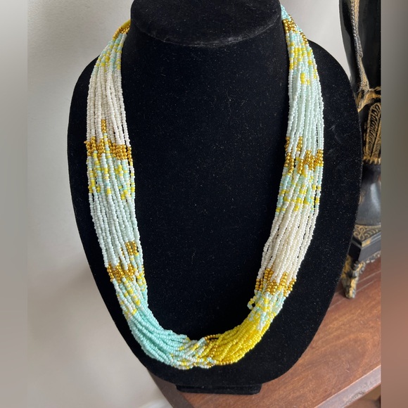 Seed bead necklace, 28”-31” multi strand yellow, light blue, & gold . NIP. - Picture 2 of 6
